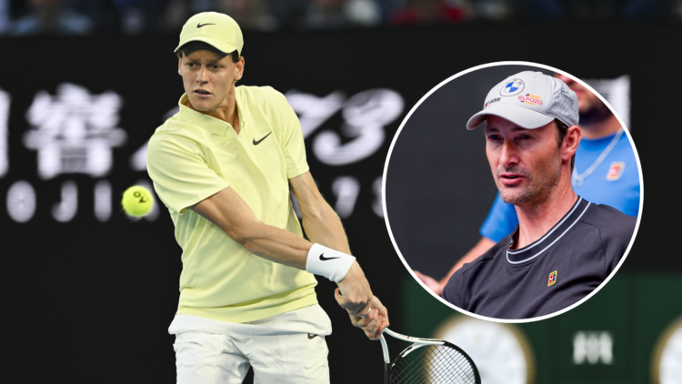 Jannik Sinner of Italy in action against Alexander Zverev of Germany (not seen) with an inset of Coach Juan Carlos Ferrero supporting Carlos Alcara...