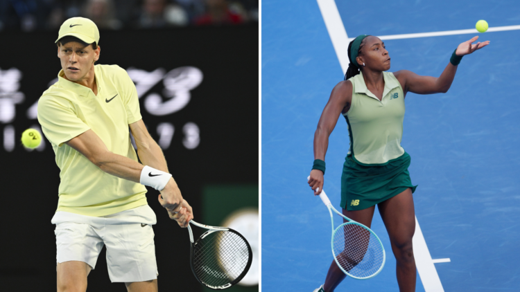 Split image of Jannik Sinner of Italy in action against Alexander Zverev of Germany (not seen) during Men's Singles Final at the Australian Open gr...