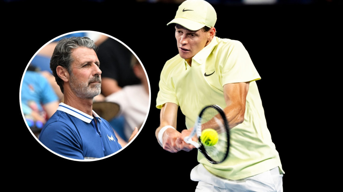 Jannik Sinner of Italy in action during the Men's Singles Final of the 2025 Australian Open and inset of Patrick Mouratoglou, coach of Japan's Naom...