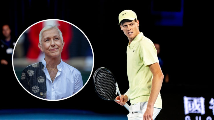 Jannik Sinner of Italy in action during the Quarterfinals of the 2025 Australian Open on January 22 2025 with an inset of Tennis legend Martina Nav...