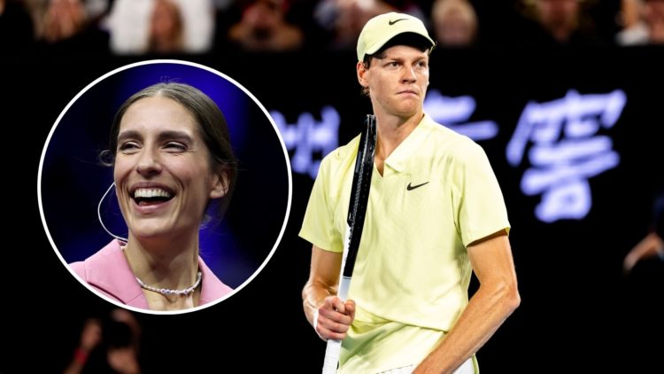 Jannik Sinner of Italy in action during the Men's Singles Final of the 2025 Australian Open with an inset of Andrea Petkovic talking on center cour...