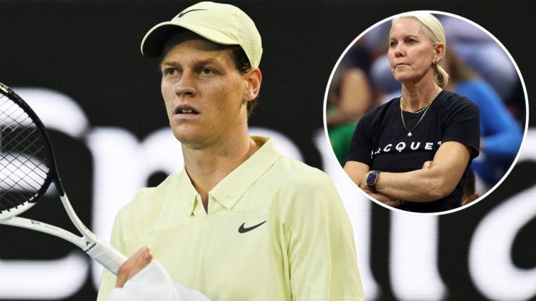 Jannik Sinner of Italy in action during Men's Singles Final at the Australian Open and inset of Rennae Stubbs looks on during the Women's Singles T...