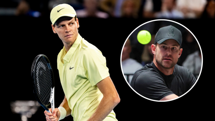 Jannik Sinner of Italy in action during the Men's Singles Final of the 2025 Australian Open with an inset of Andy Roddick plays in a singles match ...