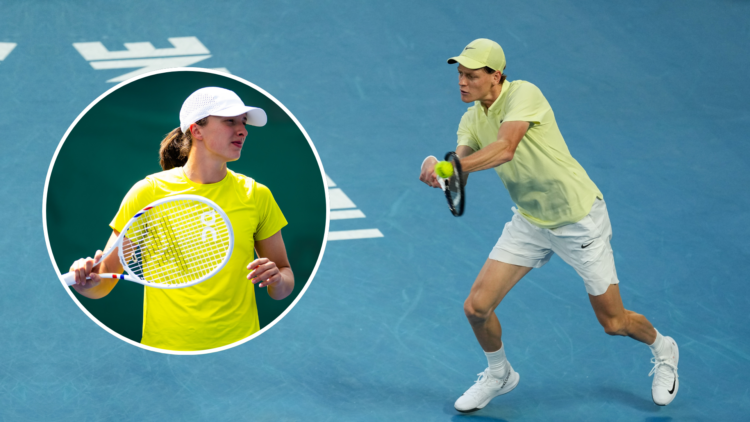 Jannik Sinner of Italy plays a backhand in the Men's Singles Final match against Alexander Zverev (not seen) with an inset of Iga Swiatek of Poland...