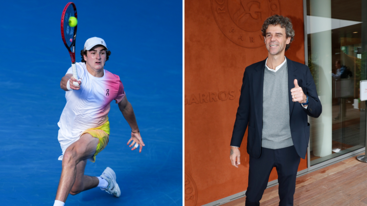 Split image of (R) Joao Fonseca of Brazil playing a forehand in the Men's Singles Second Round match against Lorenzo Sonego and (L) Tennis player G...