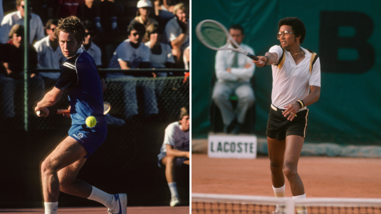 Split image of (L) John McEnroe hitting a backhand during an exhibition match and (R) Arthur Ashe from USA during 1978 Roland Garros French Open