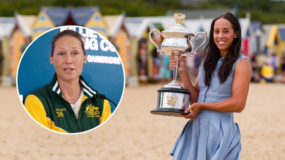 Madison Keys with the Daphne Akhurst Memorial Cup. Inset, Samantha Stosur at a press conference.