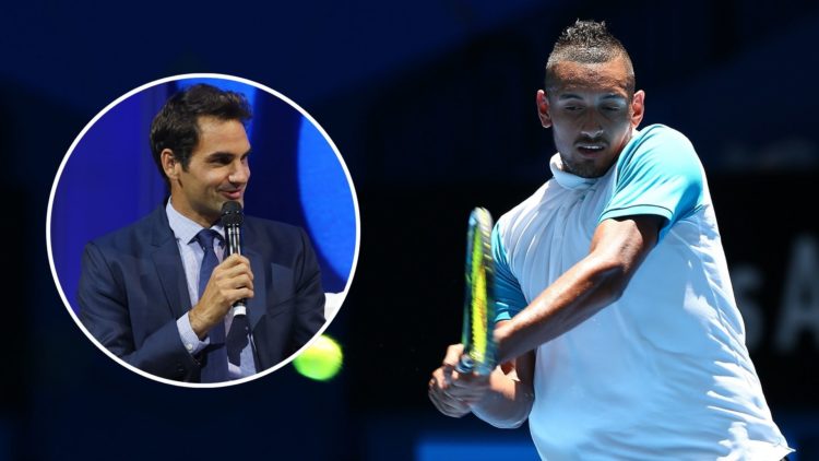 Nick Kyrgios of Australia Green plays a backhand to Alexander Zverev of Germany. Inset, Roger Federer.