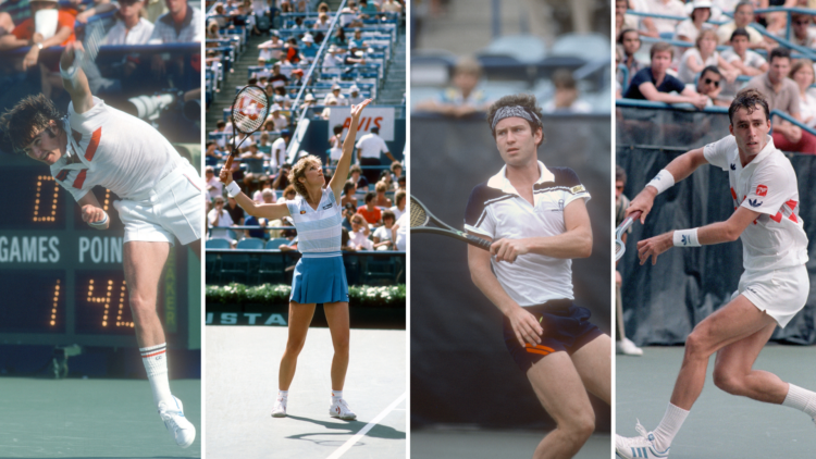 Four way split of Jimmy Connors of the United States serves during the Men's 1984 US Open Tennis Championships circa 1984 (L), Tennis player Chris ...