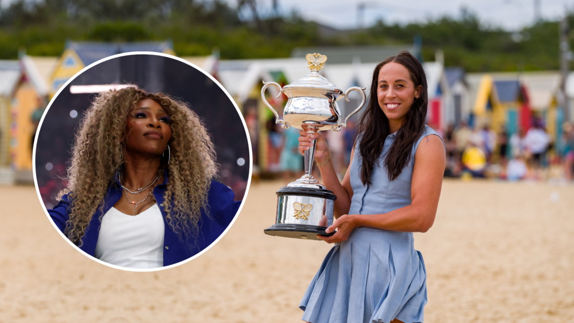 Madison Keys of the United States poses with the Daphne Akhurst Memorial Cup with an inset of Serena Williams performs during the Apple Music Super...