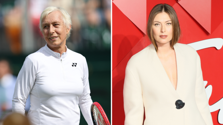 Split image of (L) Martina Navratilova (USA) during her Mixed Invitational Doubles match during day ten of The Championships Wimbledon 2024 and (R)...