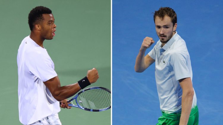 Split image of Giovanni Mpetshi Perricard of France reacting against Daniil Medvedev, and Daniil Medvedev of Russia celebrating set point against K...