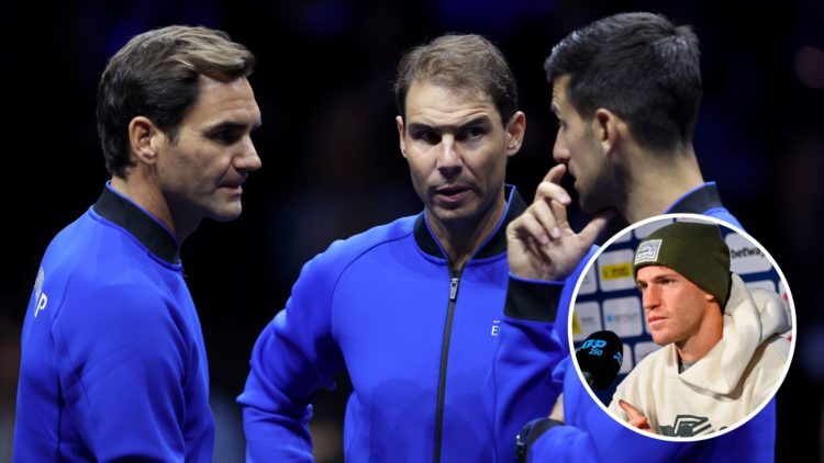 Roger Federer, Rafael Nadal and Novak Djokovic of Team Europe talk on centre court during Day One of the Laver Cup. Inset, Diego Schwartzman.