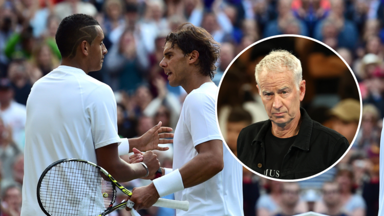Australia's Nick Kyrgios (L) shakes hands with Spain's Rafael Nadal (R) after Kyrgios won their men's singles fourth round match against on day eig...