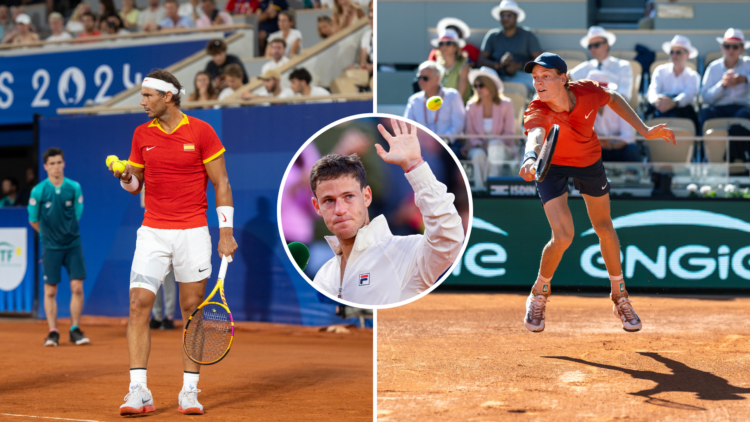 Split image of (L) Rafael Nadal during the Men's Doubles Quarter Final match (R) Jannik Sinner during the Semi-Final at the 2024 French Open with a...