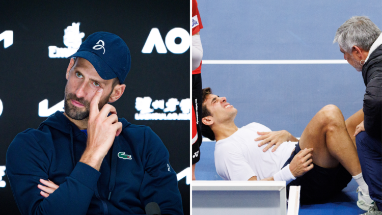 Split image of Novak Djokovic of Serbia attending a press conference (L) and Chilean Cristian Garin pictured on the floor during a game between Bel...