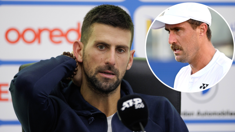 Novak Djokovic of Serbia against Matteo Berrettini of Italy during the Qatar ExxonMobil Open and an inset of Steve Johnson reacts after a shot agai...