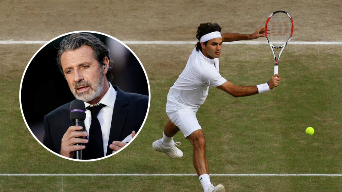 Roger Federer of Switzerland plays a backhand during the men's singles Final match with an inset of Patrick Mouratoglou talking to public during a ...