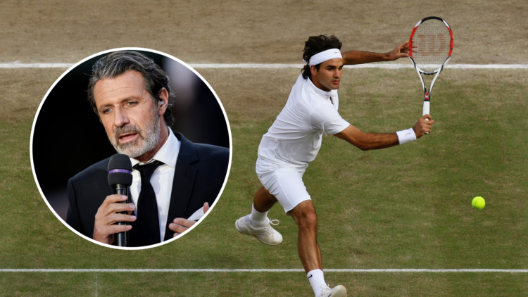 Roger Federer of Switzerland plays a backhand during the men's singles Final match with an inset of Patrick Mouratoglou talking to public during a ...