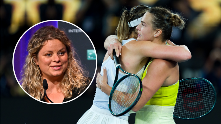 Aryna Sabalenka (R) embraces Paula Badosa (L) of Spain after victory in the Women's Singles Semifinal match with an inset of Kim Clijsters speaking...