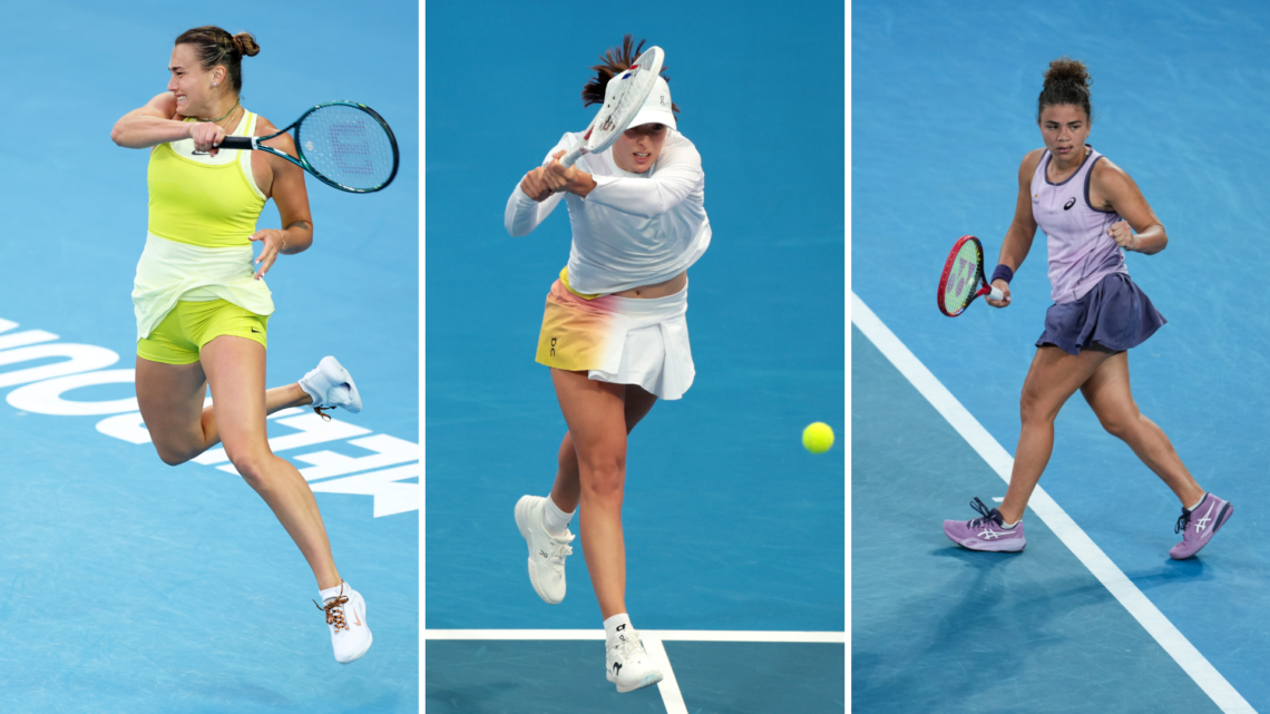 Three way split image of (R) Aryna Sabalenka plays a forehand against Madison Keys, (M) Iga Swiatek of Poland returns the ball to Maria Sakkari and...