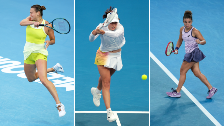Three way split image of (R) Aryna Sabalenka plays a forehand against Madison Keys, (M) Iga Swiatek of Poland returns the ball to Maria Sakkari and...