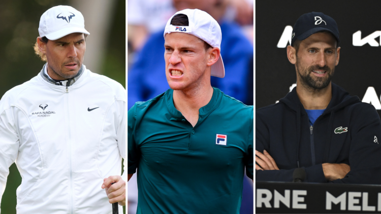 Three way split of (R) Rafael Nadal looks on during the New Corporate Balearhouse, (M) Diego Schwartzman of Argentina reacts during the Qualifying ...