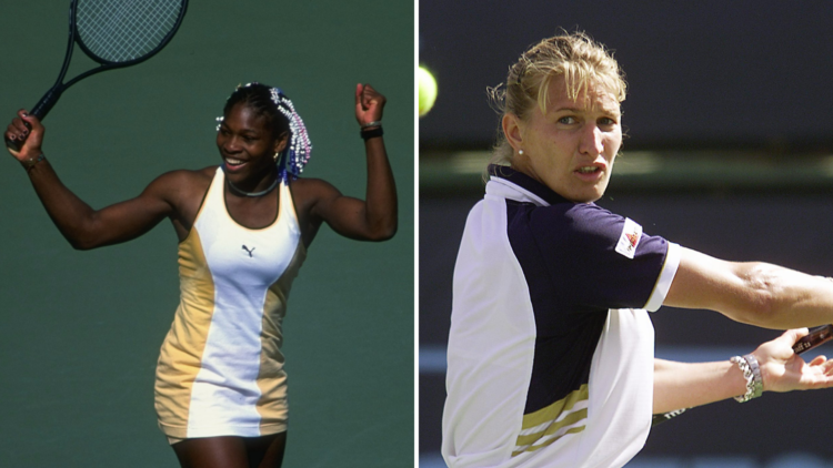 Split image of (L) Serena Williams/USA cheering during the Evert Cup and (R) Steffi Graf of Germany prepares to hit a backhand during the Evert Cup...
