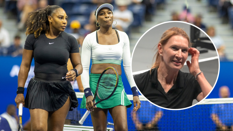 Serena Williams and Venus Williams of the United States during their Women's Doubles match on Arthur Ashe Stadium with an inset of Steffi Graf at P...