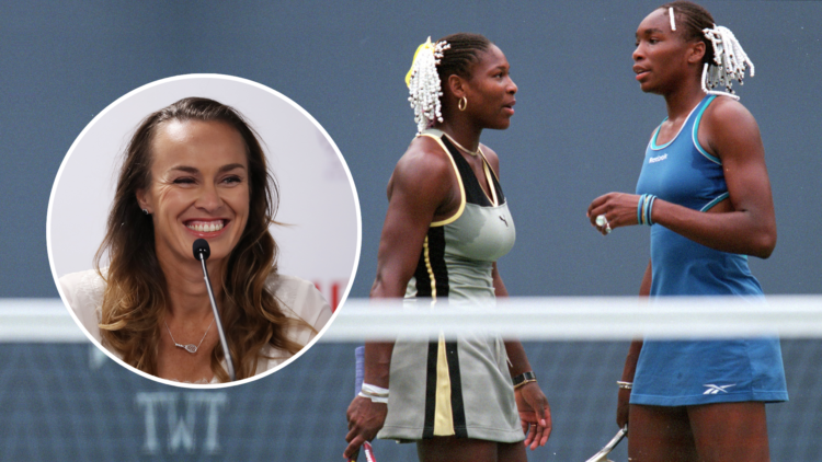 Venus Williams of the USA talks to her sister Serena Williams at the US Open at the USTA National Tennis Courts with an inset of WTA Legend Ambassa...