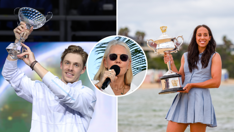 Split image of Denis Shapovalov of Canada poses with the trophy after winning the Men's Singles competition in the 2025 Dallas Open and Madison Key...