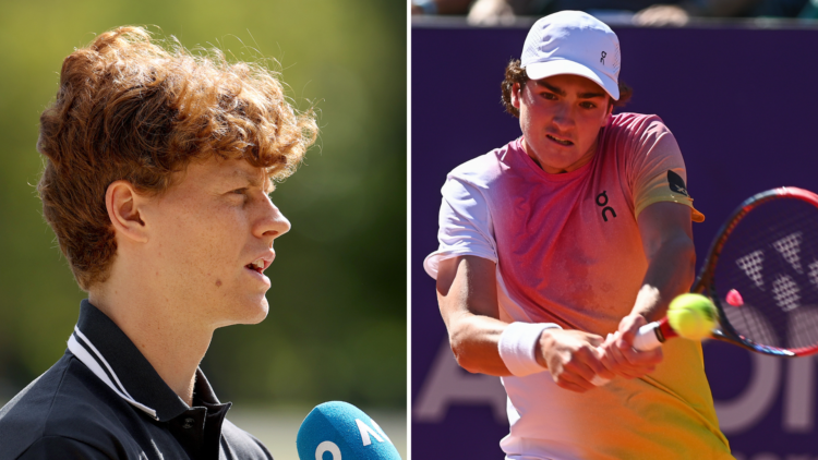 Split image of Jannik Sinner of Italy speaks to media during the 2025 Australian Open Men's champion media opportunity and Brazil's Joao Fonseca re...