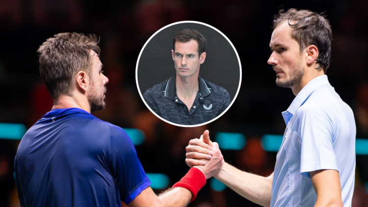 Stan Wawrinka of Switzerland interacts with Daniil Medvedev with an inset of Andy Murray looking on
