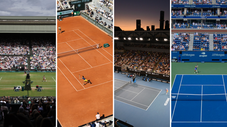 Four way split of a general view of Margaret Court Arena during the 2025 Australian Open, A general view of Court Philippe-Chatrier during the 2024...
