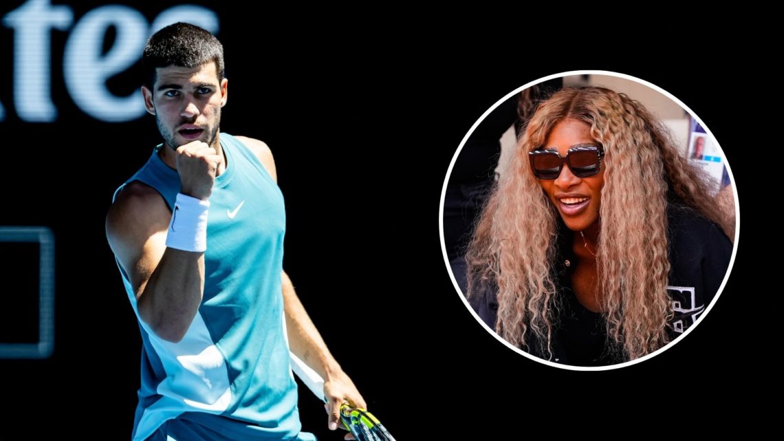Carlos Alcaraz of Spain celebrates. Inset, Serena Williams.