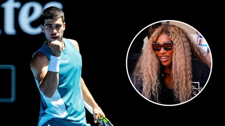 Carlos Alcaraz of Spain celebrates. Inset, Serena Williams.