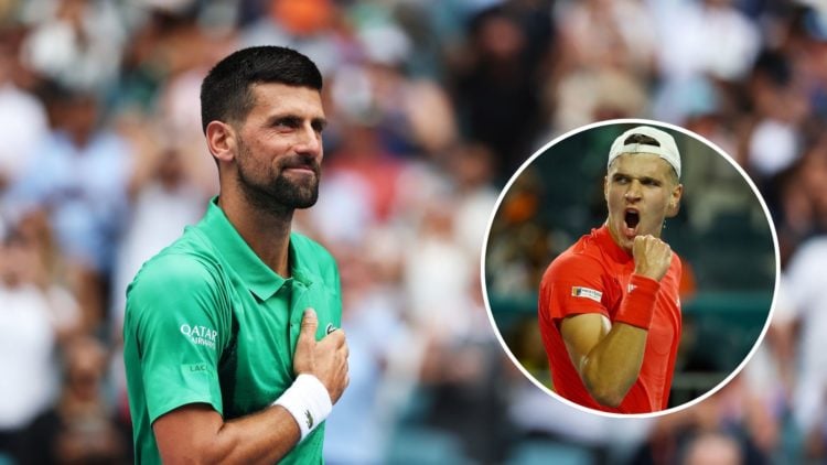 Main: Novak Djokovic after beating Grigor Dimitrov in Miami with an inset of Jakub Mensik