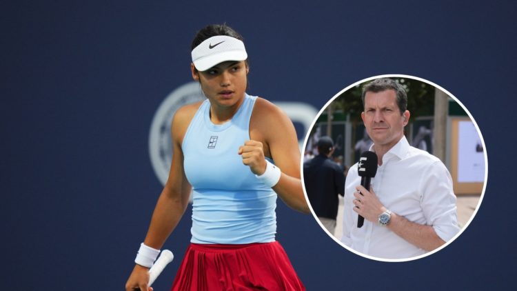 Main: Emma Raducanu plays at the Miami Open with an inset of Tim Henman