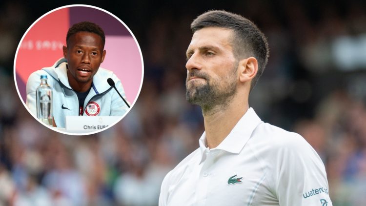Novak Djokovic of Serbia looks on during Day 2 of the 2024 Wimbledon at All England Lawn Tennis and Croquet Club with an inset of Christopher Euban...