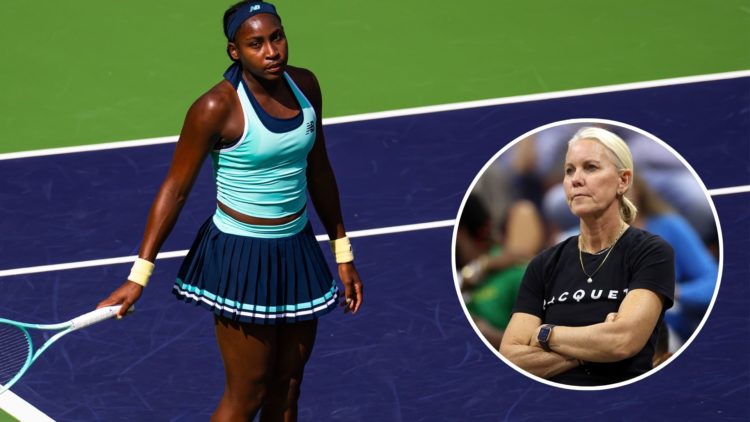 Main: Coco Gauff takes on Belinda Bencic at Indian Wells and Inset: Rennae Stubbs watches Serena Williams at the US Open in 2022.