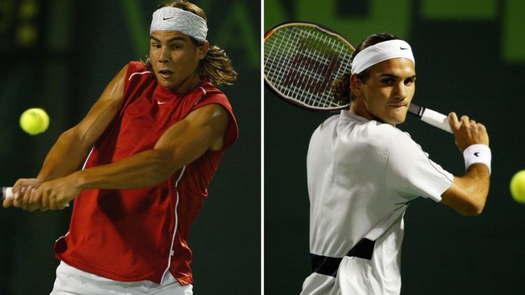Left: Rafael Nadal aged 17 playing Roger Federer in 2004, Right: Federer on the opposite side of the net ready to face Nadal in 2004
