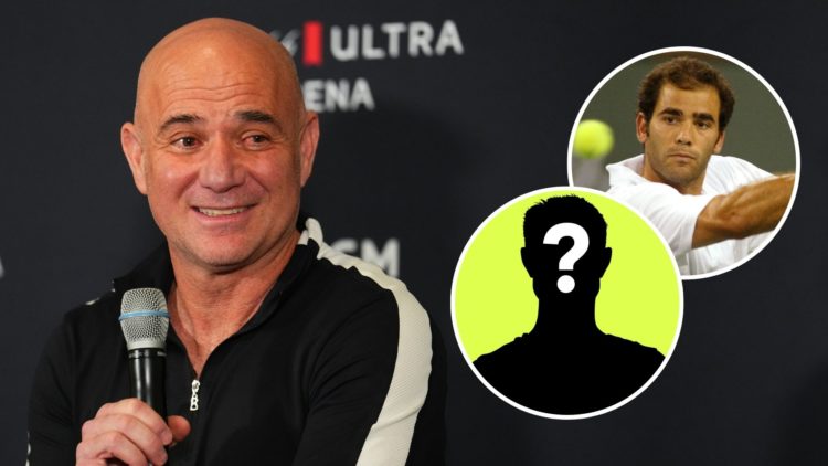 Andre Agassi speaks to media prior to the MGM Rewards Slam at Michelob ULTRA Arena. Inset, Pete Sampras circa 2002, and a mystery player.