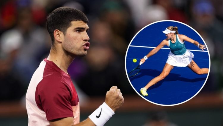 Carlos Alcaraz of Spain celebrates a point against Francisco Cerundolo of Argentina in their Quarterfinal round match during the BNP Paribas Open a...