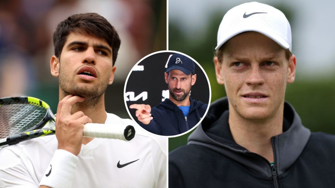 Split image of Carlos Alcaraz of Spain looks on against Ugo Humbert of France in his Gentleman's Singles fourth round match during day seven of The...