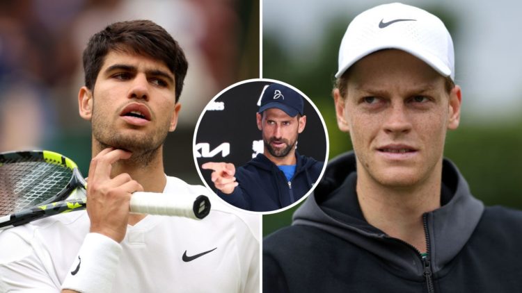 Split image of Carlos Alcaraz of Spain looks on against Ugo Humbert of France in his Gentleman's Singles fourth round match during day seven of The...