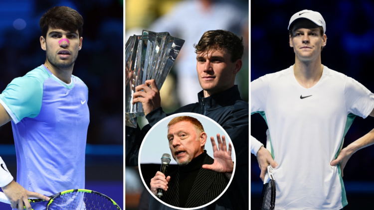 Split image of Carlos Alcaraz of Spain looks dejected during the singles match between Alexander Zverev of Germany and Carlos Alcaraz of Spain on d...