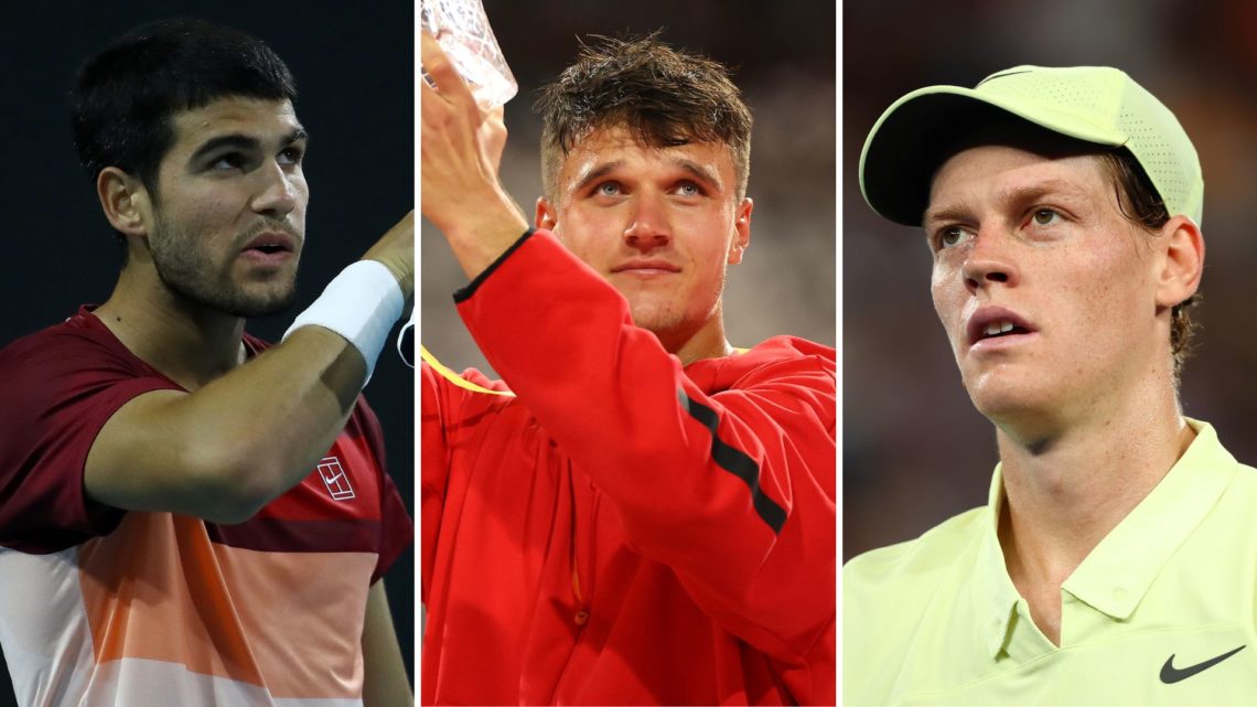 Split image of Carlos Alcaraz of Spain reacts during his match against David Goffin of Belgium on Day 4 of the Miami Open, Jakub Mensik of the Czec...