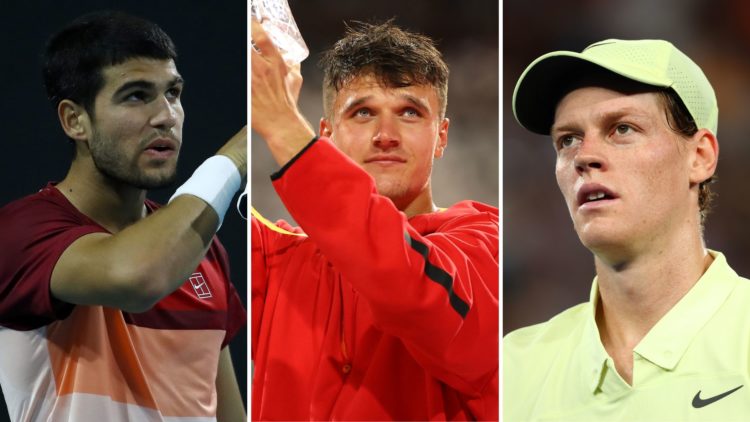 Split image of Carlos Alcaraz of Spain reacts during his match against David Goffin of Belgium on Day 4 of the Miami Open, Jakub Mensik of the Czec...