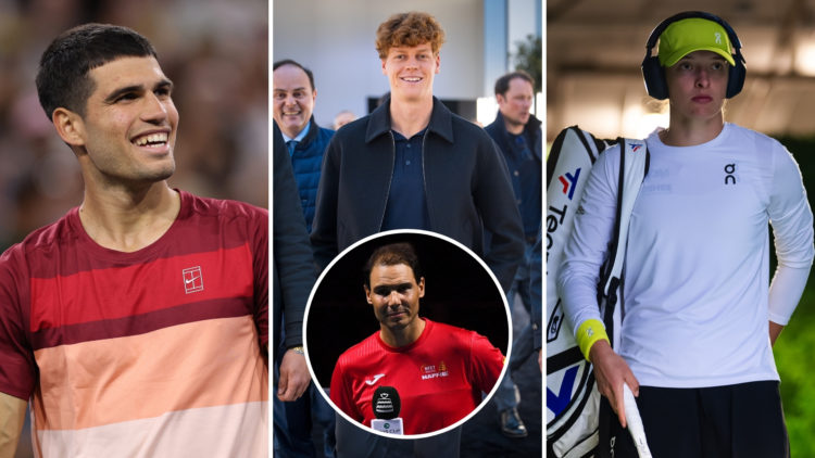 Split image of Carlos Alcaraz of Spain celebrates after his straight sets victory against Denis Shapovalov of Canada in their third round match dur...
