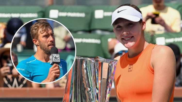 Mirra Andreeva (RUS) posses for photos on center court with the championship trophy after winning a WTA tennis finals match. Inset, Steve Johnson (...
